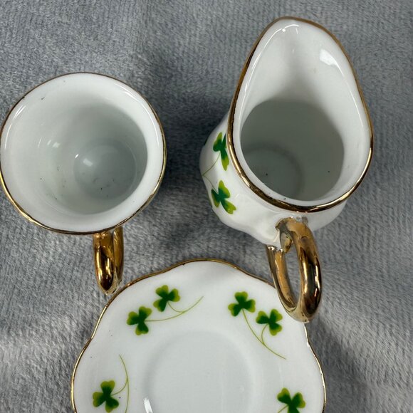 Shamrock Clover Pattern MINIATURE Creamer Cup & Saucer Set Gold Tone Trim - Picture 7 of 16